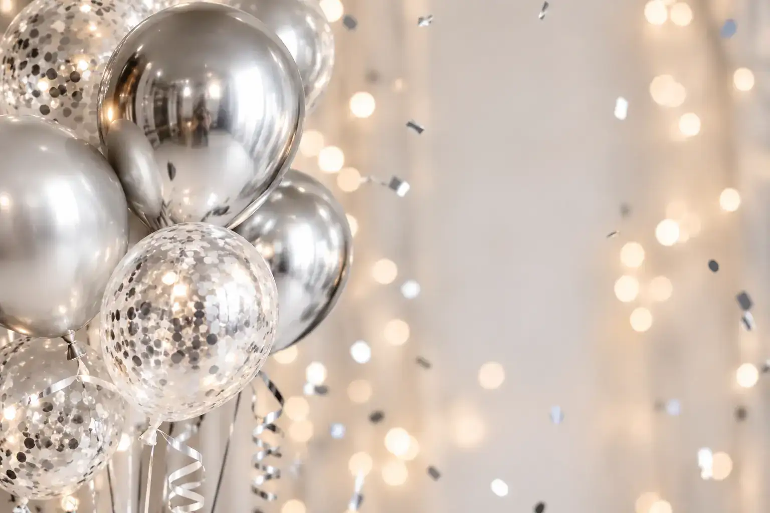 Silverfärgade ballonger och glittrande ljuspunkter.